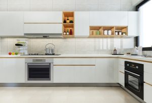 3d Rendering Modern Kitchen Counter With White And Biege Design